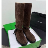 Buy Discount Bottega Veneta James Suede Flat High Boots with Triangle Buckle Fondant Brown 1206054 2026