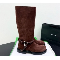 Pretty Style Bottega Veneta James Suede Flat High Boots with Triangle Buckle Fondant Brown 1206056 2026