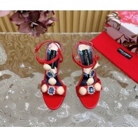 Most Popular Dolce & Gabbana Calfskin Leather Heel Sandals 10.5cm with Stones and Shell Red 1211068 2026