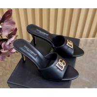 Top Grade Dolce & Gabbana Calfskin Leather Heel Slides Sandal 9cm with DG Logo DG121101 Black 2026