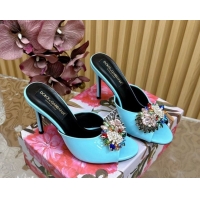 Top Design Dolce & Gabbana Patent Leather Heel Slides Sandal 10cm with Strass DG121104 Light Blue 2026