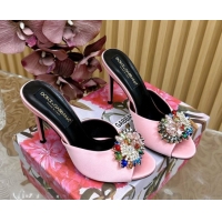 Perfect Dolce & Gabbana Satin Heel Slides Sandal 10cm with Strass DG121104 Light Pink 2026