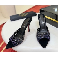 Luxury Christian Louboutin Miss Z Heel Slides Sandal 10cm in Strass and Cut-out Suede 1209101 Black/Blue 2026