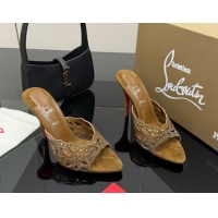 Top Design Christian Louboutin Miss Z Heel Slides Pump 10cm in Strass and Cut-out Suede Brown 1209105 2026
