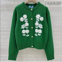 Famous Brand Prada Cashmere Cardigan with Flower Embroidery 0113 Green 2026