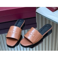 Buy Discount Gucci Leather Flat Slides Sandal with Logo Signature GG121701 Brown 2026