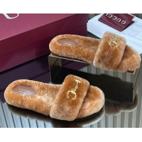 Pretty Style Gucci Merino Wool Flat Slides Sandal with Horsebit 852385 Brown 2026