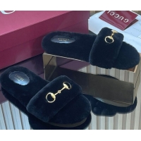 Luxurious Gucci Merino Wool Flat Slides Sandal with Horsebit 852385 Black 2026