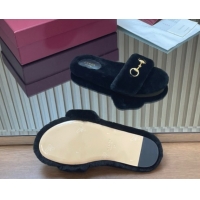 Luxurious Gucci Merino Wool Flat Slides Sandal with Horsebit 852385 Black 2026