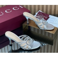 Grade Quality Gucci Leather Heel Slides Sandal 8.5cm with Strass Interlocking G 852663 Silver 2026