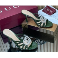 Top Grade Gucci Patent Leather Heel Slides Sandal 8.5cm with Strass Interlocking G 852663 Green 2026