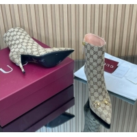 Cheap Price Gucci GG Canvas Heel Ankle Boots 10cm with Horsebit 835741 Beige 2026