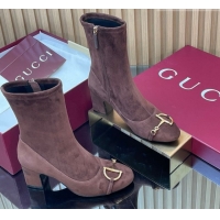 Charming Gucci Suede Heel Ankle Boots 6.5cm with Half Horsebit 849549 Chocolate Brown 2026