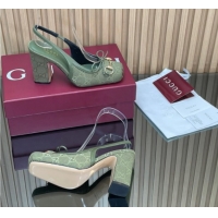 Grade Quality Gucci Horsebit Slingback Pumps 9.5cm in GG Canvas Green 1218036 2026