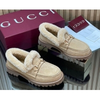 Classic Hot Gucci Wool and Suede Loafers with Horsebit Beige 1218037 2026