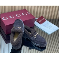 Top Design Gucci Wool and Suede Loafers with Horsebit Dark Brown 1218041 2026