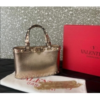 Promotional Valentino Rockstud Mini Shopping Bag In Metallic Grainy Calfskin Leather 0366S Rose Gold 2025