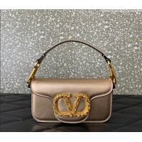 Top Design Valentino Loco Small Shoulder Bag in Laminated Calfskin with Jewel Logo 5061 Rose Gold 2025