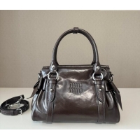 Discount Miu Miu Ribbon Shiny Leather Top Handle Bag 5BA327 Dark Brown 2026