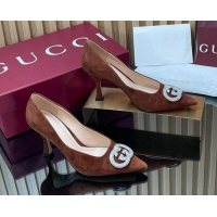 Pretty Style Gucci Suede Pumps 8.5cm with Strass Interlocking G 852995 Brown 2026