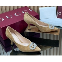Luxurious Gucci Suede Pumps 8.5cm with Strass Interlocking G 852995 Beige 2026