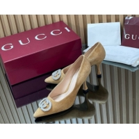 Luxurious Gucci Suede Pumps 8.5cm with Strass Interlocking G 852995 Beige 2026