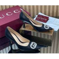 Unique Style Gucci Calf Leather Pumps 8.5cm with Strass Interlocking G 852995 Black 2026