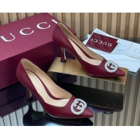 Good Quality Gucci Calf Leather Pumps 8.5cm with Strass Interlocking G 852995 Dark Burgundy 2026