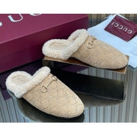 Shop Duplicate Gucci Princetown Suede and Wool Flat Loafers with Horsebit GG121802 Beige 2026