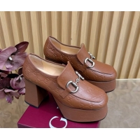 Feminine Gucci GG Leather Platform Pumps 9cm with Horsebit GG121804 Brown 2026