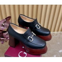 Luxurious Gucci Calf Leather Platform Pumps 9cm with Horsebit GG121804 Black 2026