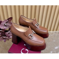 Best Grade Gucci Calf Leather Platform Pumps 9cm with Horsebit GG121804 Brown 2026
