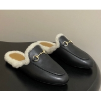 Low Cost Gucci Princetown Calf Leather and Wool Flat Slipper with Horsebit 836055 Black 2026