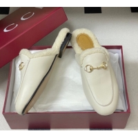 Charming Gucci Princetown Calf Leather and Wool Flat Slipper with Horsebit 836055 White 2026