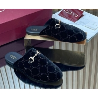 Luxury Cheap Gucci Strass GG Velvet Flat Mules with Horsebit 852373 Black 2026