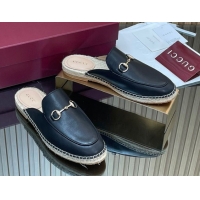 1:1 aaaaa Gucci Calf Leather Flat Espadrille Mules with Horsebit GG121805 Black 2026