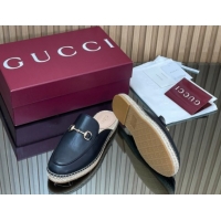1:1 aaaaa Gucci Calf Leather Flat Espadrille Mules with Horsebit GG121805 Black 2026