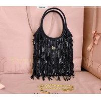 Luxury Cheap Miu Miu IVY satin handbag with crystal and sequin fringe 5BA281 Black 2026