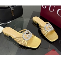 Low Cost Gucci Metallic Leather Flat Slides Sandal with Strass Interlocking G 8523570 Gold 2026