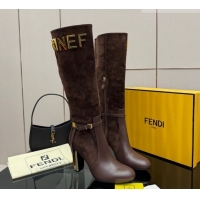 Good Quality Fendi Delfina Heel High Boots 10.5cm in Suede and Calfskin Leather Brown FE121601 2026