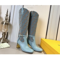 Luxurious Fendi Delfina Heel High Boots 5cm in FF Fabric and Calfskin Leather Blue FE121601 2026