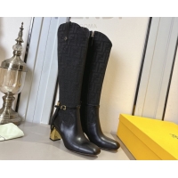 Classic Hot Fendi Delfina Heel High Boots 5cm in FF Fabric and Calfskin Leather Black FE121601 2026