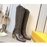 Classic Fendi Delfina Heel High Boots 5cm in FF Fabric and Calfskin Leather Beige/Brown FE121601 2026