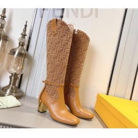 Discount Fendi Delfina Heel High Boots 5cm in FF Fabric and Calfskin Leather Light Brown FE121601 2026