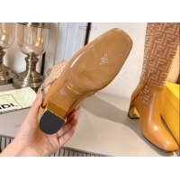 Discount Fendi Delfina Heel High Boots 5cm in FF Fabric and Calfskin Leather Light Brown FE121601 2026
