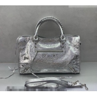 Super Quality Balenciaga Le City Medium Bag in 22006 silver metallized Arena lambskin, shiny silver hardware 2026