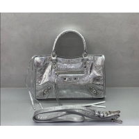 Big Discount Balenciaga Le City Small Bag in 22007 silver metallized Arena lambskin, shiny silver hardware 2026
