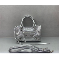 Top Grade Balenciaga Le City Mini Bag in 22008 silver metallized Arena lambskin, shiny silver hardware 2026