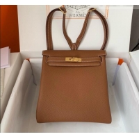 Top Grade Hermes Kelly Ado Backpack 22cm in Togo Leather H2101 Brown/Gold 2026 (Half Handmade)