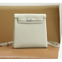 Pretty Style Hermes Kelly Ado Backpack 22cm in Taurillon Clemence Leather H2111 Beton White/Silver 2026 (Full Handmade)